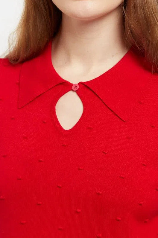 Louche Josephina Raindrops Textured Short Sleeve Collared Sweater Red