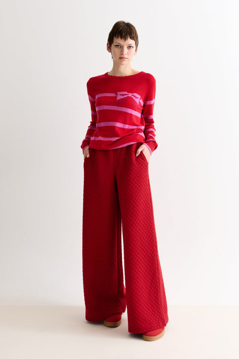 Flory Scallop Quilt Wide Leg Trouser - Wine Red