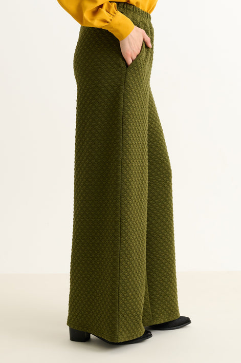 Flory Scallop Quilt Wide Leg Trouser - Moss Green