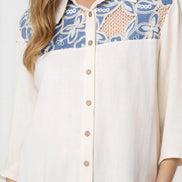 Denim Floral Crochet Linen Blend Shirt