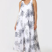 White and Navy Floral Embroidered Cotton Maxi Dress