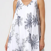 White and Navy Floral Embroidered Cotton Maxi Dress