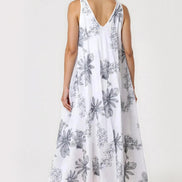 White and Navy Floral Embroidered Cotton Maxi Dress