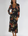 Black Floral V Neckline Midi Dress