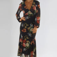 Black Floral V Neckline Midi Dress