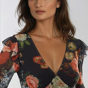 Black Floral V Neckline Midi Dress
