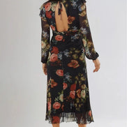 Black Floral V Neckline Midi Dress