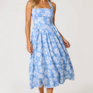 Blue Floral Halterneck Midi Dress