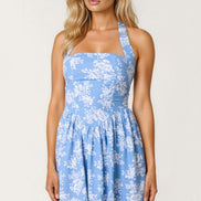 Blue Floral Halterneck Midi Dress