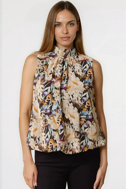 Black Floral High Neck Puffball Top