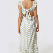 Blue Floral Open Tie Back Midi Dress