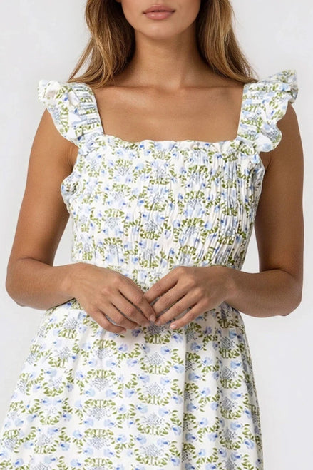 Blue Floral Open Tie Back Midi Dress