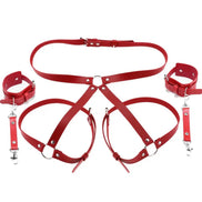 Leather handcuffs with garter and leg straps.