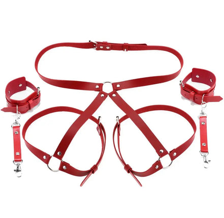 Leather handcuffs with garter and leg straps.