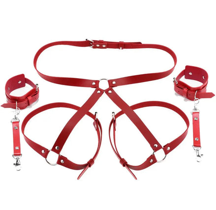 Leather handcuffs with garter and leg straps.