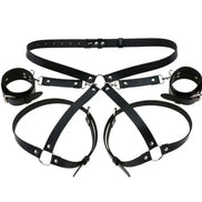 Leather handcuffs with garter and leg straps.