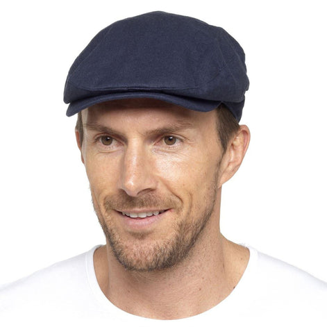 Mens Linen Flat Cap Vintage Style in Cream & Denim Blue