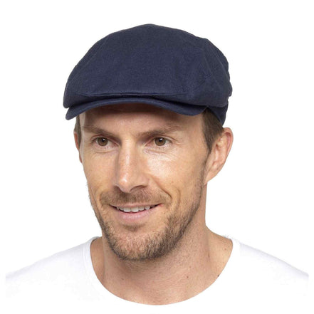 Mens Linen Flat Cap Vintage Style in Cream & Denim Blue