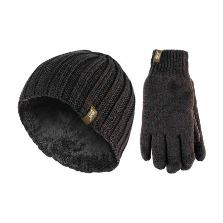Mens Fleece Lined Thermal Hat & Glove Set for Winter