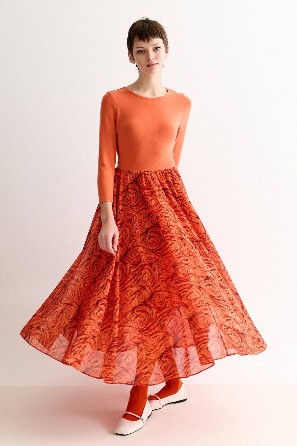 Huxley Rosechild Jersey Top Circle Skirt Midi Dress - Apricot