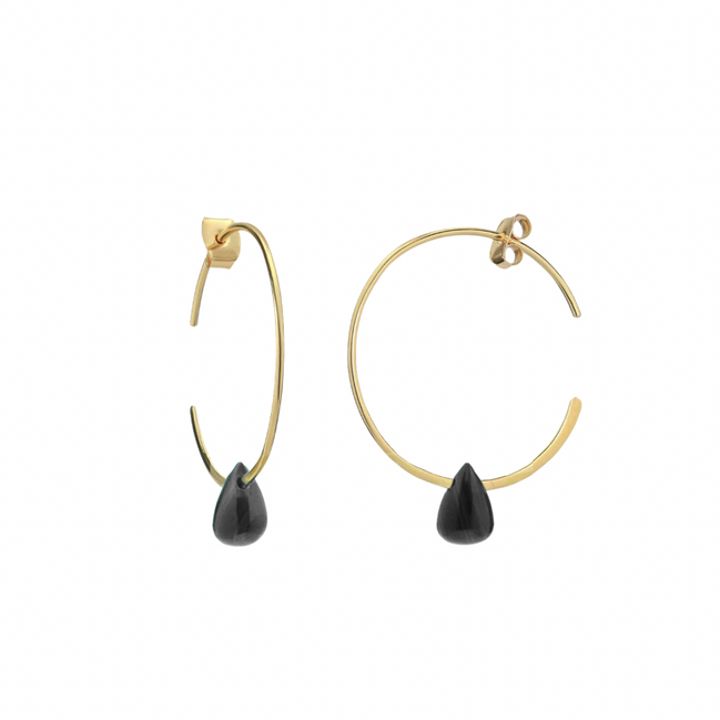 Hera Wire Hoop Earrings with Teardrop Stone: Gold Black Onyx