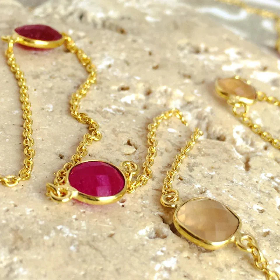 Penelope Multi-Stone Necklace: Fuschia Onyx, Peach Moon stone & Red Jade