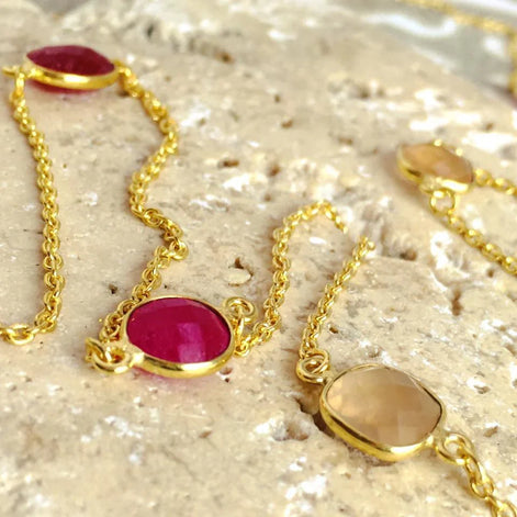Penelope Multi-Stone Necklace: Fuschia Onyx, Peach Moon stone & Red Jade