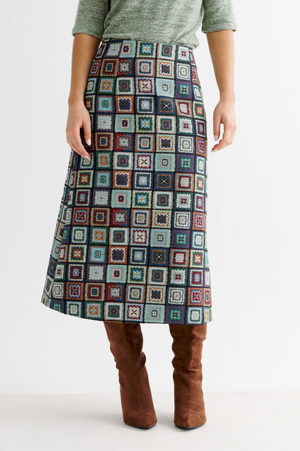 Buffy 70's Patch Jacquard Midi Skirt