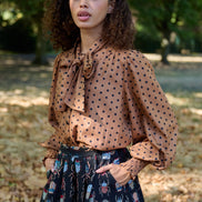 Aditi Spot Tie Neck Blouse - Toffee