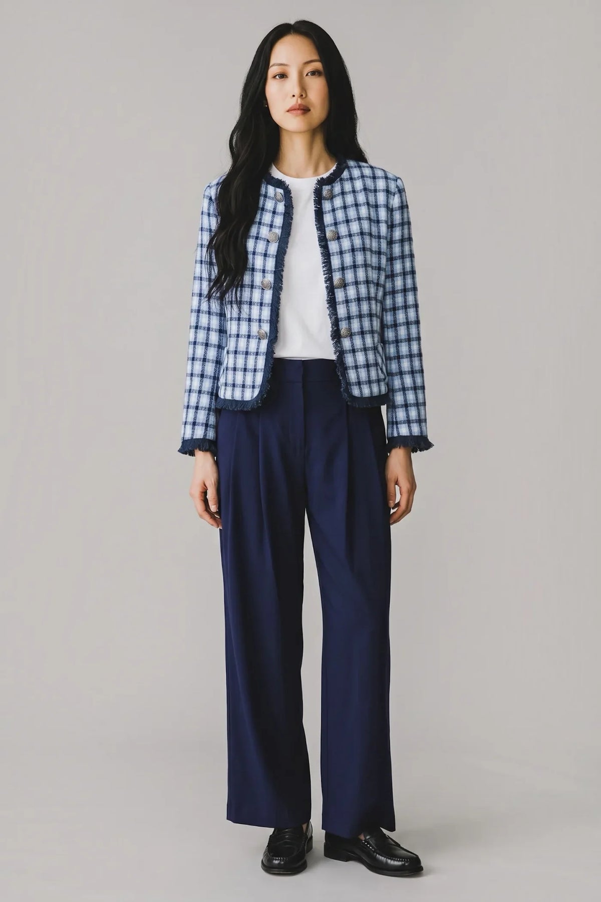 Amora Blue Tweed Fringe Trim Jacket