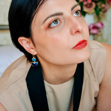 Charis Halfmoon Double Gemstone Earrings Blue Chalcedony & Blue Jade