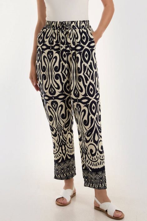 Navy Ikat Print Pull on Trousers