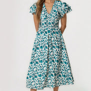 Teal Ikat Print Shirred V-Neck Midi Dress