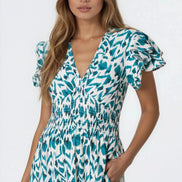 Teal Ikat Print Shirred V-Neck Midi Dress