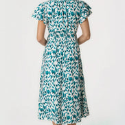 Teal Ikat Print Shirred V-Neck Midi Dress