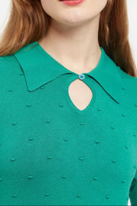 Louche Josephina Raindrops Textured Short Sleeve Collared Sweater Green