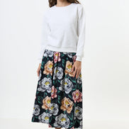 Lizea Peonies Print Pleated Midi Skirt - Black