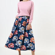 Lizea Peonies Print Pleated Midi Skirt - Navy