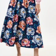 Lizea Peonies Print Pleated Midi Skirt - Navy