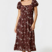 Brown Embroidered Milkmaid Midi Dress