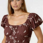 Brown Embroidered Milkmaid Midi Dress