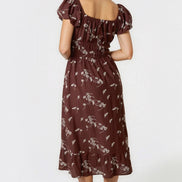 Brown Embroidered Milkmaid Midi Dress