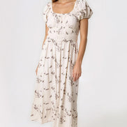 Beige Embroidered Milkmaid Midi Dress