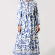 Blue Leaf Print Long Sleeve Maxi Dress