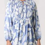 Blue Leaf Print Long Sleeve Maxi Dress