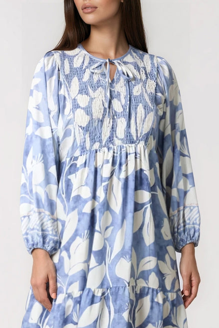 Blue Leaf Print Long Sleeve Maxi Dress