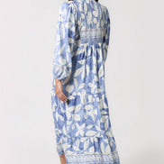 Blue Leaf Print Long Sleeve Maxi Dress