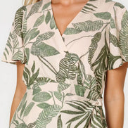 Green Leaf Print Wrap Front Mini Dress