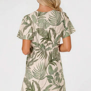 Green Leaf Print Wrap Front Mini Dress