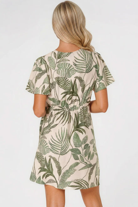 Green Leaf Print Wrap Front Mini Dress